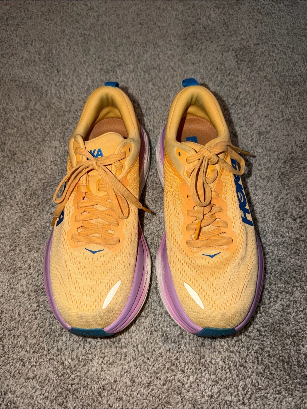 Hoka Women's W BONDI 8 Orange Athletic Running Shoes Purple and Blue Accents